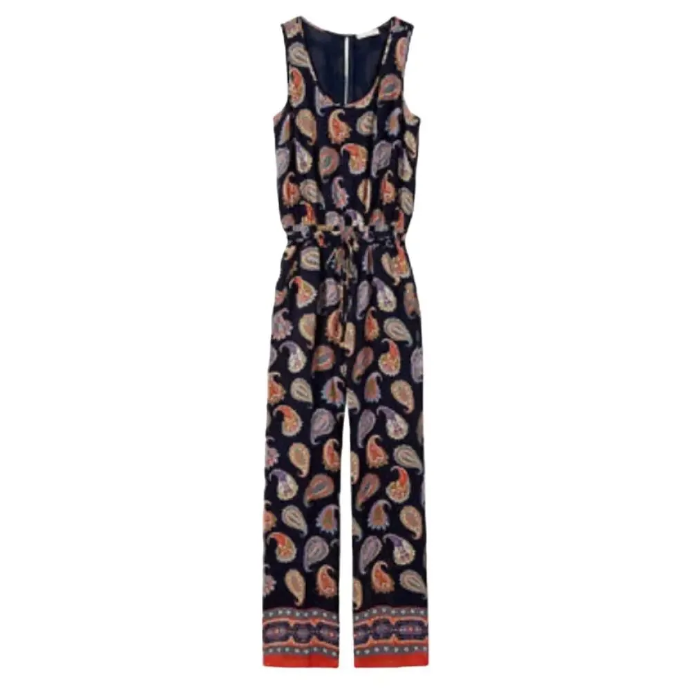 TORY BURCH 100% Silk Paisley Jumpsuit Sleeveless Blue Boho Wide Leg Cottagecore